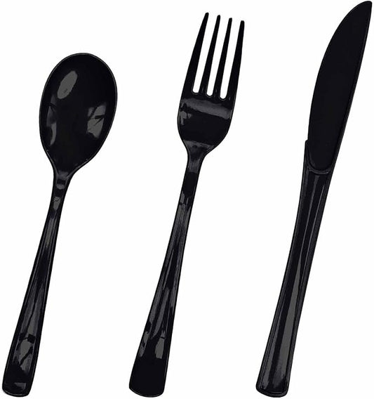 HEIPINIUYE 75 Pack Black Plastic Cutlery Heavy Duty Black Plastic Knives Forks and Spoons Disposable Silverware Set for 25 Guest Birthday Halloween Baby Shower Party Cutlery Set