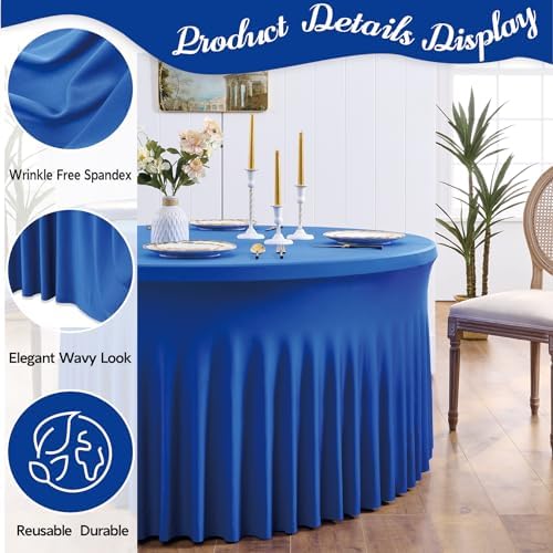 Outpain 6 Pack Royal Blue Spandex Round Tablecloths for 60in Tables, 120Inch Stretchy Fitted 5FT Round Table Clothes,Wrinkle Free Table Cover with Skirt for Wedding Party Dining Banquet - Image 3