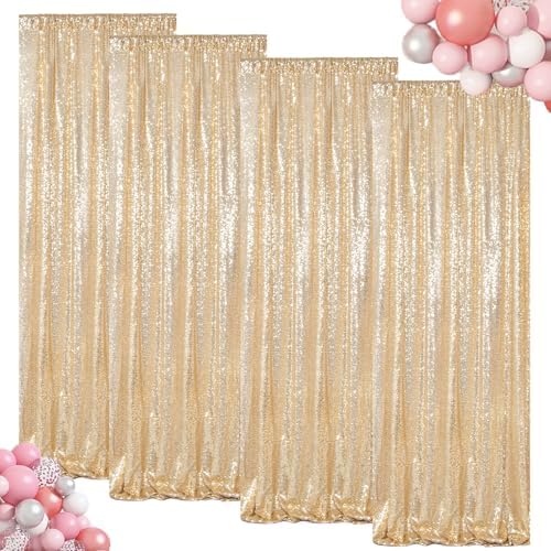 ShinyBeauty Gold Sequin Backdrop 4 Panels 2x8ft Light Gold by ShinyBeauty