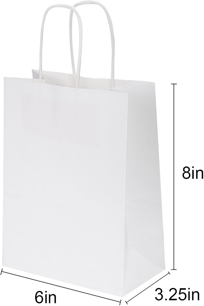 Joybe 100 Pack 5.95x3.25x8 Inch Small White Paper Bags with Handles Bulk, Kraft Paper Gift Bags for Birthday Party Favors Grocery Retail Shopping Business Goody Merchandise Craft Blank Sacks (100pcs) - Image 2