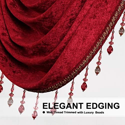 ELKCA Thick Chenille Window Curtains Valance for Living Room, Burgundy Red Valance with Beads for Festival Holiday,Rod Pocket (W118inch,1 Panel) - Image 3