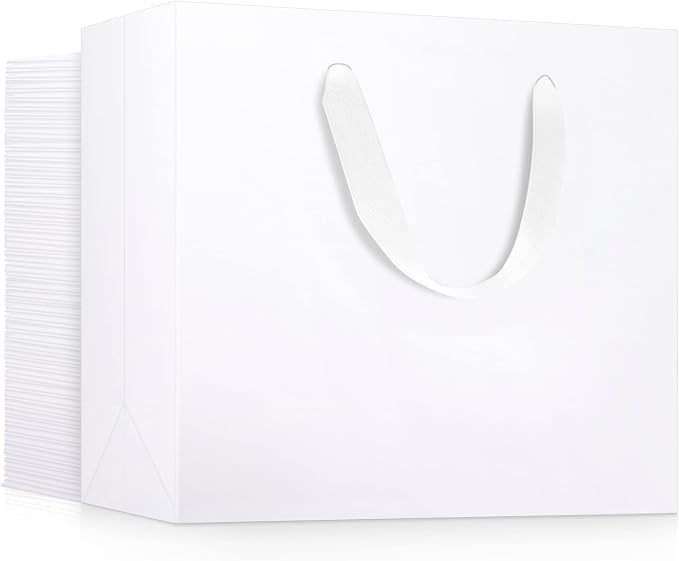 EUSOAR Gift Wrap Bags with Handles, 50 Pack 10.6x3.1x8.3 inches Small White Paper Bags in Bulk, Heavy Duty Totes for Wedding, Grocery, Boutique, Business, Baby Showers, Birthdays by EUSOAR