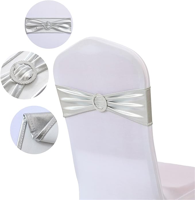 Dimatic Spandex Chair Sashes Bands 100PCS Stretch Chair Cover Ties Bows with Buckle Slider Wedding Party Reception Banquet Decoration (Metallic - Silver) - Image 2