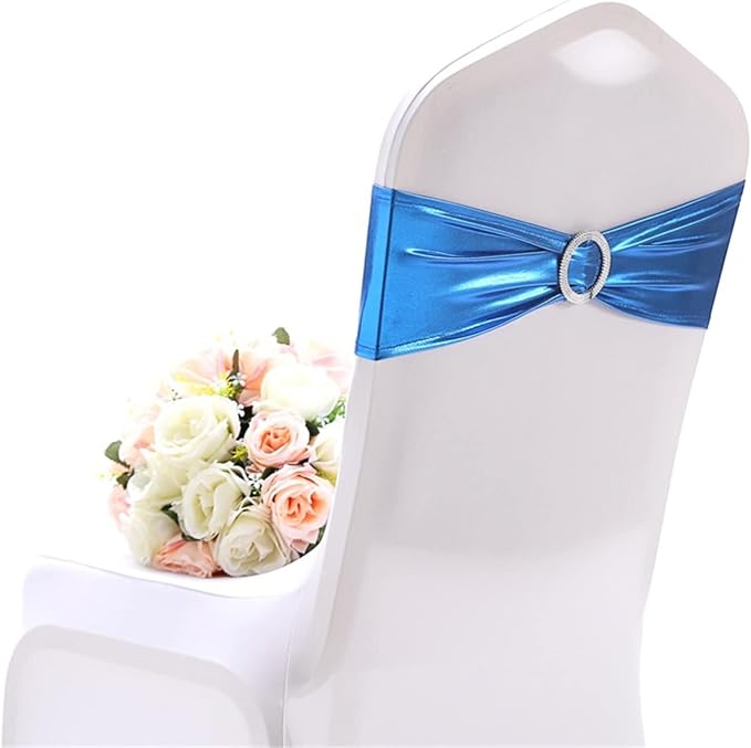 Dimatic 10 PCS Spandex Stretch Chair Sashes Bow Elastic Chair Cover Bands with Buckle Slider for Wedding, Banquet, Party, Hotel Event Decorations - Lake Blue by Dimatic