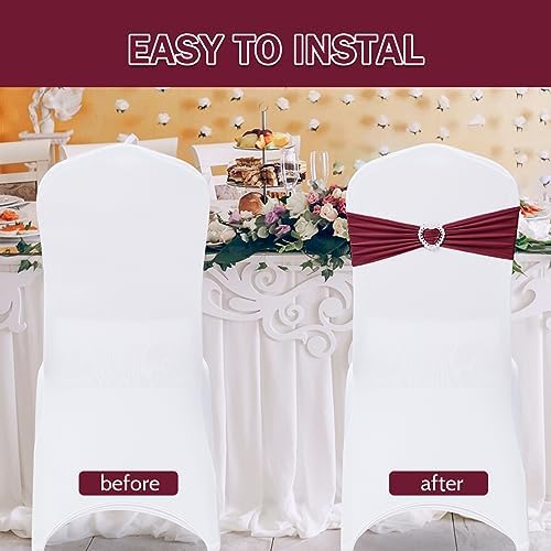 Pack of 60 Spandex Chair Sashes Bows Stretch Cover Band with Buckle Slider Universal Elastic Chair Ties for Wedding Banquet Party Event Decoration (Burgundy) - Image 4