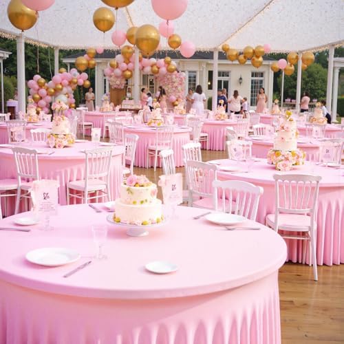 Outpain 6 Pack Spandex Pink Round Tablecloths for 60in Tables, 120Inch Stretchy Fitted 5FT Round Table Clothes,Wrinkle Free Table Cover with Skirt for Wedding Party Dining Banquet by Outpain