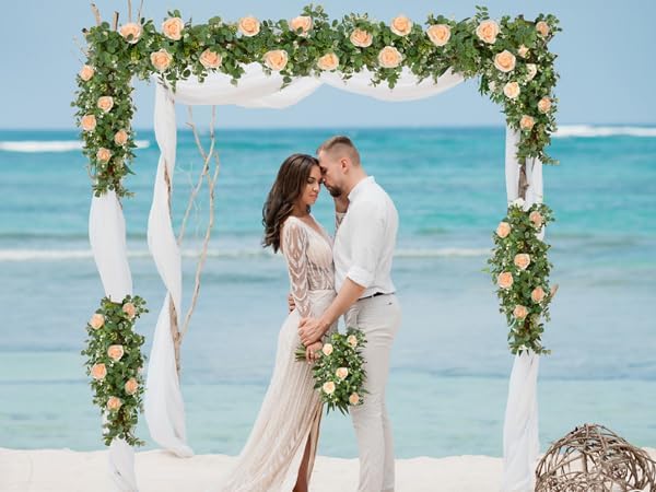 Dolicer 4Pcs 26Ft Artificial Eucalyptus Garlands with Flowers - 8 Roses, Faux Floral Greenery Garlands Fake Flowers Vines for Wedding Table Centerpieces Arch Party Ceremony Backdrop Decor (Champagne) - Image 6