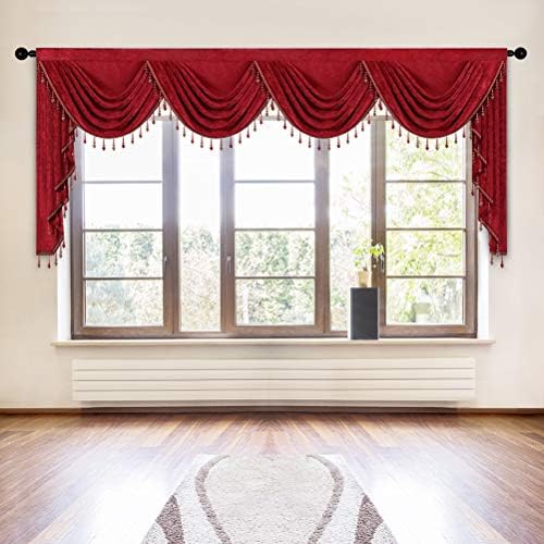 ELKCA Thick Chenille Window Curtains Valance for Living Room, Burgundy Red Valance with Beads for Festival Holiday,Rod Pocket (W118inch,1 Panel) by ELKCA