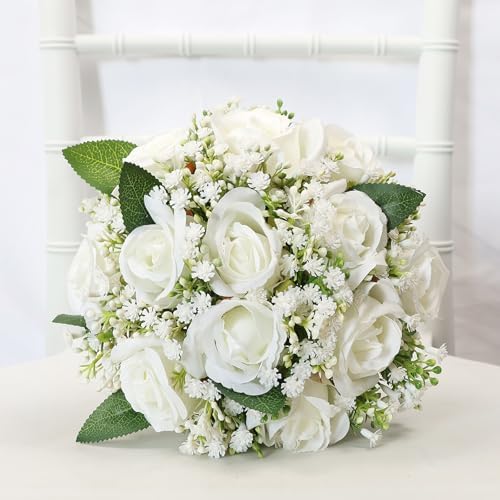 Artificial Bridesmaid Bouquets Set of 6 for Wedding - 7 inch White Flowers Bouquets for Bridesmaids, Faux Rose Gypsophila Rustic Small Floral Bouquet Fake Boho Wedding Party Ceremony Anniversary Decor - Image 3