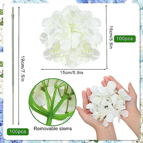 Yunsailing 100 Pcs Artificial Hydrangea Flowers Hydrangea Flower Heads with Stems Silk Faux Hydrangea Flowers for Wedding Centerpiece Fake Bouquet Home Indoor Garden Party Decoration (White) - Image 2
