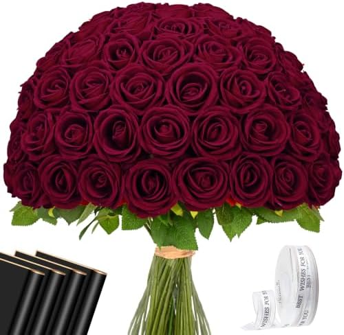 Waipfaru 50 Pcs Wine Red Roses, Fake Velet Burgundy Roses by Waipfaru