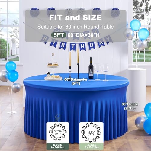 Outpain 6 Pack Royal Blue Spandex Round Tablecloths for 60in Tables, 120Inch Stretchy Fitted 5FT Round Table Clothes,Wrinkle Free Table Cover with Skirt for Wedding Party Dining Banquet - Image 5