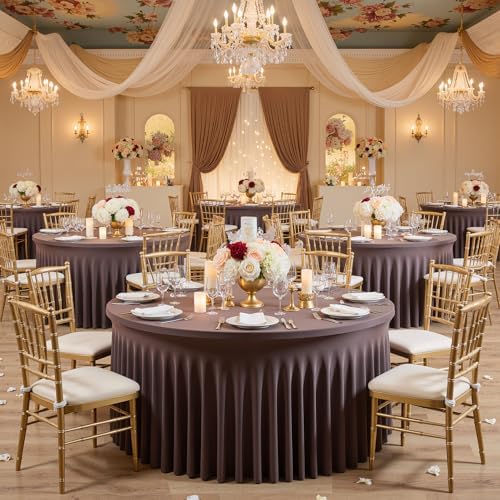 Outpain 6 Pack Brown Spandex Tablecloth for 60in/5FT Round Tables,Stretchy 120inch Fitted Round Table Cloths, Wrinkle Free Tablecloth with Skirt for Wedding, Graduation & Banquet - Image 2