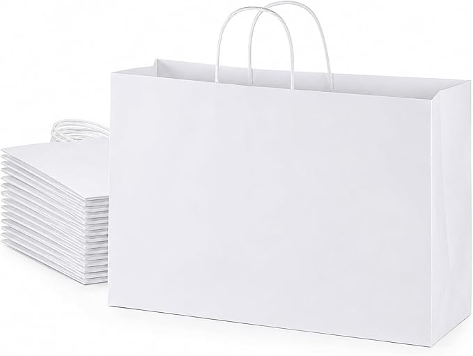 Large Kraft Paper Bags with Handles Bulk for Shopping,70 Pack,White | 16x6x12 Inch,120GSM,Thick,Durable,8LB Load,Heavy Duty for Retail ,event,boutiques,corporate gifts,wedding,party by Ronvir