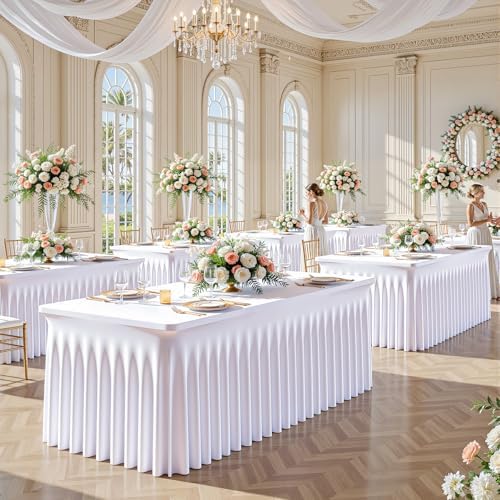 6 Pack White Spandex Table Covers & Table Skirt for 6FT Rectangle Tables - Fitted 6 Foot Stretch Fabric Tablecloth with Pleats, Wrinkle Free for Weddings, Parties, Craft Fairs & Folding Tables - Image 2