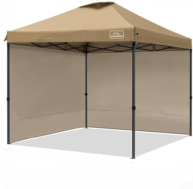 KAMPKEEPER 10x10 Pop-Up Canopy Tent, Waterproof, Portable Shade with Side Walls, Adjustable Instant Outdoor Shelter for Camping, Backyard, and Events, Khaki
