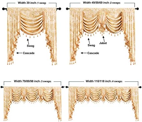 ELKCA European Style Golden Jacquard Swag Waterfall Valance for Living Room Bedroom Curtains Damask Curtain Valance for Kitchen (Damask-Golden, W118Inch, 1 Panel) - Image 4