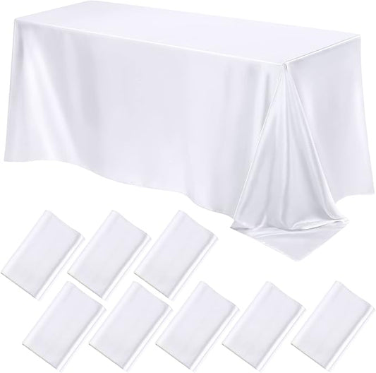 Lounsweer 8 Packs Satin Tablecloth 102 x 58 Inches Rectangle Table Cover Silk Smooth Fabric Party Table Cloth for Rectangle Parties, Holiday Dinner Wedding Banquet Decoration(White)