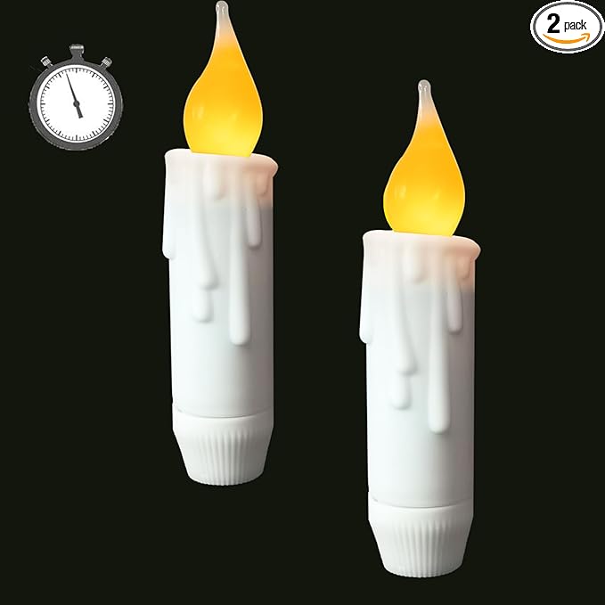 LINCOUNTRY.Short White Taper Candle Battery Operated Flameless Led Taper Candles with Timer,Primitive Small Candlesticks Flickering Flame,4.75Inch Christmas Halloween Decor