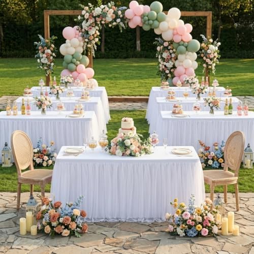 CO-AVE 6pack White Tulle Tablecloth for 6ft Rectangular Tables, 2-in-1 Elastic Stretch Spandex Cover with Tutu Ruffle Skirt, Wrinkle Free for Wedding, Birthday, Banquet, Buffet, Bridal Shower by CO-AVE