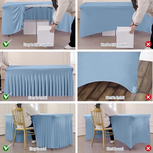leegleri 2 Pack Dusty Blue Spandex Fitted Table Clothes for 8 Foot Rectangle Tables, Wrinkle Free 8ft Fitted Table Cover, Spandex Table Skirt for 8FT Rectangle Tables-for Banquet Weddings Parties - Image 3