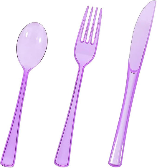 HEIPINIUYE 75 Pack Clear Purple Plastic Cutlery Heavy Duty Red Plastic Knives Forks and Spoons Disposable Silverware Set for 25 Guest Camping Birthday Baby Shower Party Cutlery Set