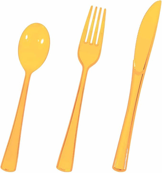 HEIPINIUYE 75 Pack Orange Clear Plastic Cutlery Heavy Duty Clear Fall Plastic Knives Forks and Spoons Disposable Silverware Set for 25 Guest Birthday Baby Shower Thanksgiving Party Utensil Set