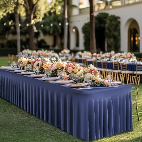 leegleri 2 Pack Navy Blue Spandex Tablecloths for 8 Foot Rectangle Tables, Wrinkle Free Fitted Table Cloths 8ft Stretchy Table Cloth Cover with Skirt for Parties Weddings Birthday Banquet Baby Shower - Image 7