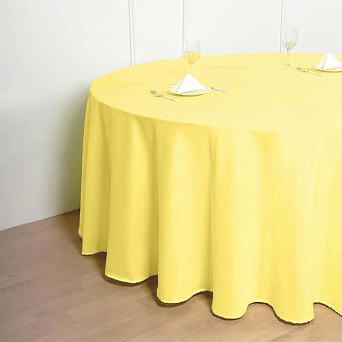 Tableclothsfactory 5PCS | 120" Yellow Polyester Round Tablecloth for Party & Decorations - Image 3