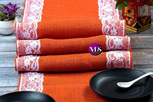 VDS Pack of 15, Burlap Table Runner with White Lace Edge, 100% Natural Jute Rustic Hessian Table Cloth Centerpiece for Wedding Birthday Party Banquet Table Decoration (Size 12X108 Inch)(Orange) - Image 6