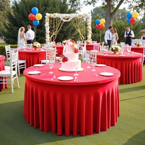 Outpain 6 Pack Spandex Red Round Tablecloths for 60in Tables, 120Inch Stretchy Fitted 5FT Round Table Clothes,Wrinkle Free Table Cover with Skirt for Wedding Party Dining Banquet - Image 5