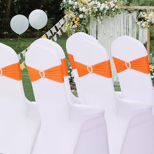Pack of 30 Spandex Chair Sashes Bows Stretch Chair Cover Band with Buckle Slider Universal Elastic Chair Ties for Wedding Banquet Party Event Decoration (Orange) - Image 7