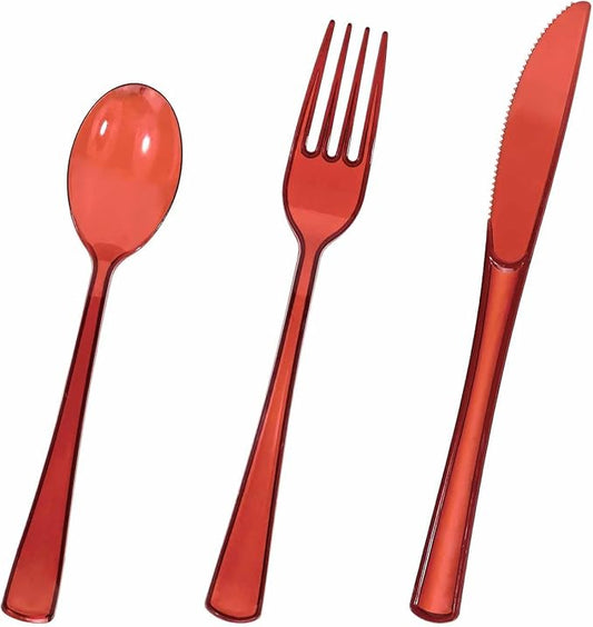 HEIPINIUYE 75 Pack Red Clear Plastic Cutlery Heavy Duty Clear Red Plastic Knives Forks and Spoons Disposable Silverware Set for 25 Guest Birthday Baby Shower Christmas Party Utensil Set
