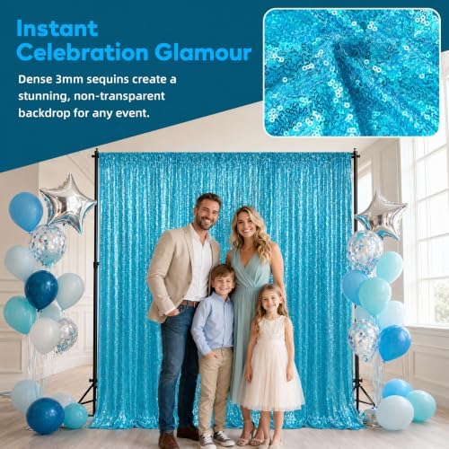 ShinyBeauty Sequin Backdrop Curtains 4 Panels 2x8FT Turquoise for Party - Image 3