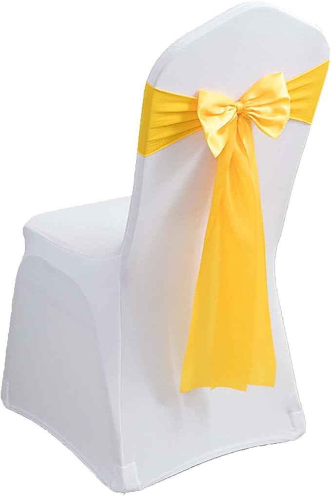 Dimatic 50 PCS Satin Chair Sashes Bows Chair Back Tie Bands for Wedding Banquet Events Reception Supplies Party Decoration Chair Cover sash (Yellow) by Dimatic