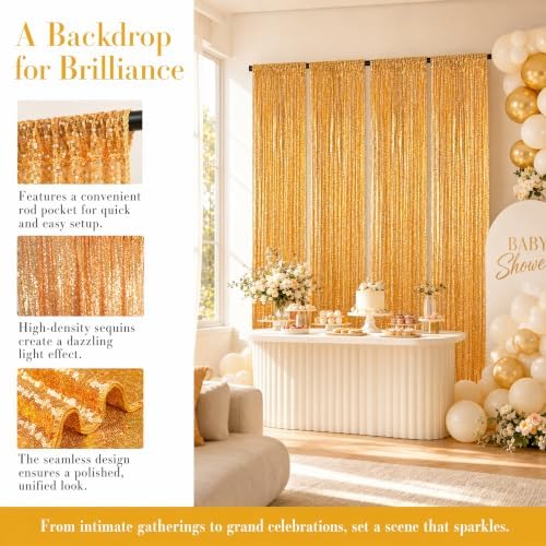 ShinyBeauty Gold Sequin Backdrop Curtains 4 Panels 2x8ft for Party Decor - Image 3