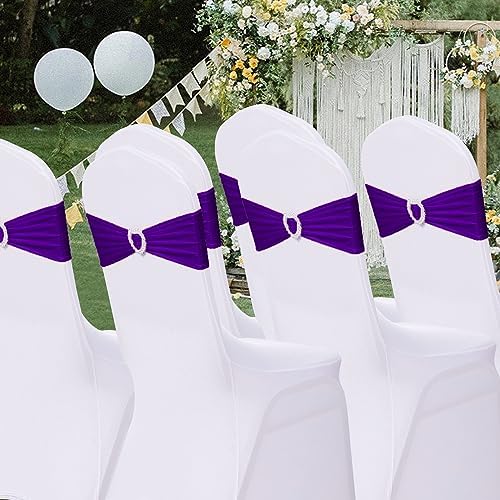 Pack of 120 Spandex Chair Sashes Bows Stretch Chair Cover Band with Buckle Slider Universal Elastic Chair Ties for Wedding Banquet Party Event Decoration (Purple) - Image 7