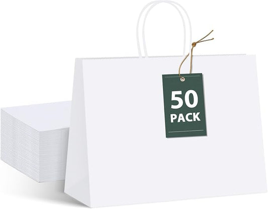 GSSUSA White Paper Bags with Handles, Large Shopping Bags 16x6x12, 50 Pack | Sturdy Kraft Bulk Gift Bags for Small Business, Valentine's Day, Grocery, Boutique, Merchandise, Party Favors, and Packaging. by GSSUSA