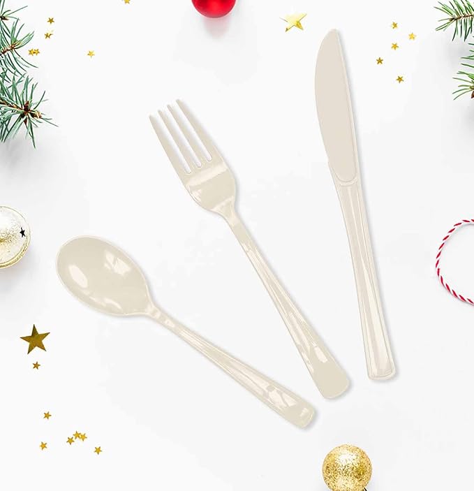 HEIPINIUYE 75 Pack Ivory Plastic Cutlery Heavy Duty Ivory Plastic Knives Forks and Spoons Disposable Silverware Set for 25 Guest Camping Birthday Baby Shower Party Cutlery Set