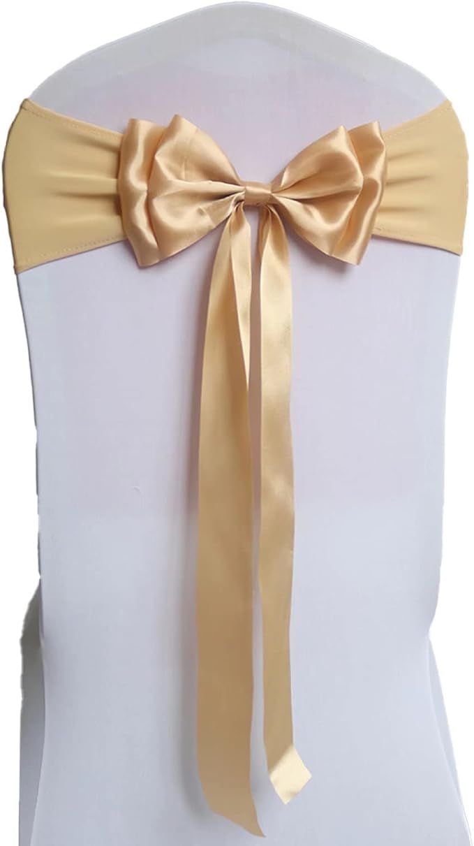 Pack of 25 Chair Sashes Spandex Chair Bands Satin Chair Sashes Chair Ribbons Bows Stretch Chair Sashes for Wedding Party Events Banquet Hotel Home Kitchen Chair Cover Decoration（25 PCS Champagne Gold） by MYS+QiQi