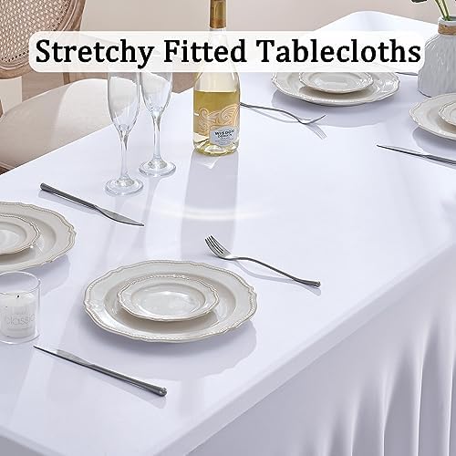 6 Pack Spandex White Tablecloths for 8 Foot Rectangle Tables, Stretchy Table Cloths 8ft Fitted Table Cover Desk Skirt for Parties Weddings Birthday Banquet Baby Shower - Image 2