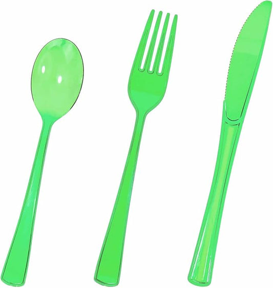 HEIPINIUYE 75 Pack Green Clear Plastic Cutlery Heavy Duty Clear Green Plastic Knives Forks and Spoons Disposable Silverware Set for 25 Guest Camping Birthday Baby Shower Party Utensil Set