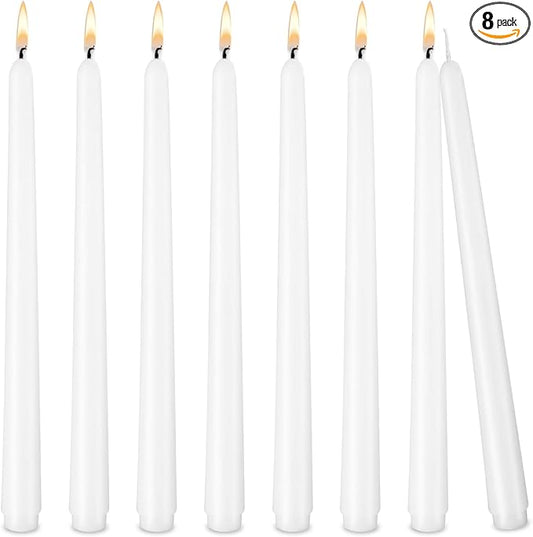 Taper Candles White, Set of 8 Odorless and Smoke-Free 10-Inch Taper Candles, Long Burning, Paraffin Wax with Cotton Wick, Burns Approximately 7-8 Hours