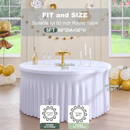 Outpain 8 Pack White Round Spandex Tablecloths for 60in/5FT Tables, 120Inch Stretchy Fitted Round Table Clothes,Wrinkle Free Table Cover with Skirt for Wedding Party Dining Banquet - Image 4