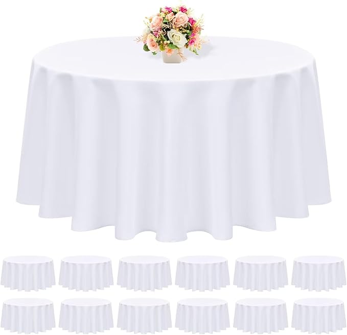 12 Packs 120 Inch White Round Polyester Tablecloths | Table Cover for Round Tables, Stain and Wrinkle Resistant Washable Table Cloth, Perfect for Wedding Banquet Parties by REWOMC