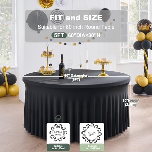 Outpain 6 Pack Black Round Spandex Tablecloth for 60 Inch/5FT Tables - Stretchy Table Cloth with Skirt, Wrinkle-Free Fitted Cloth for Wedding Vendor, Banquet & Graduation Decor (120" Round) - Image 4