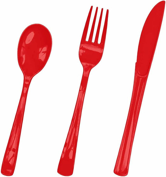 HEIPINIUYE 75 Pack Red Plastic Cutlery Heavy Duty Red Plastic Knives Forks and Spoons Disposable Silverware Set for 25 Guest Camping Birthday Baby Shower Party Cutlery Set