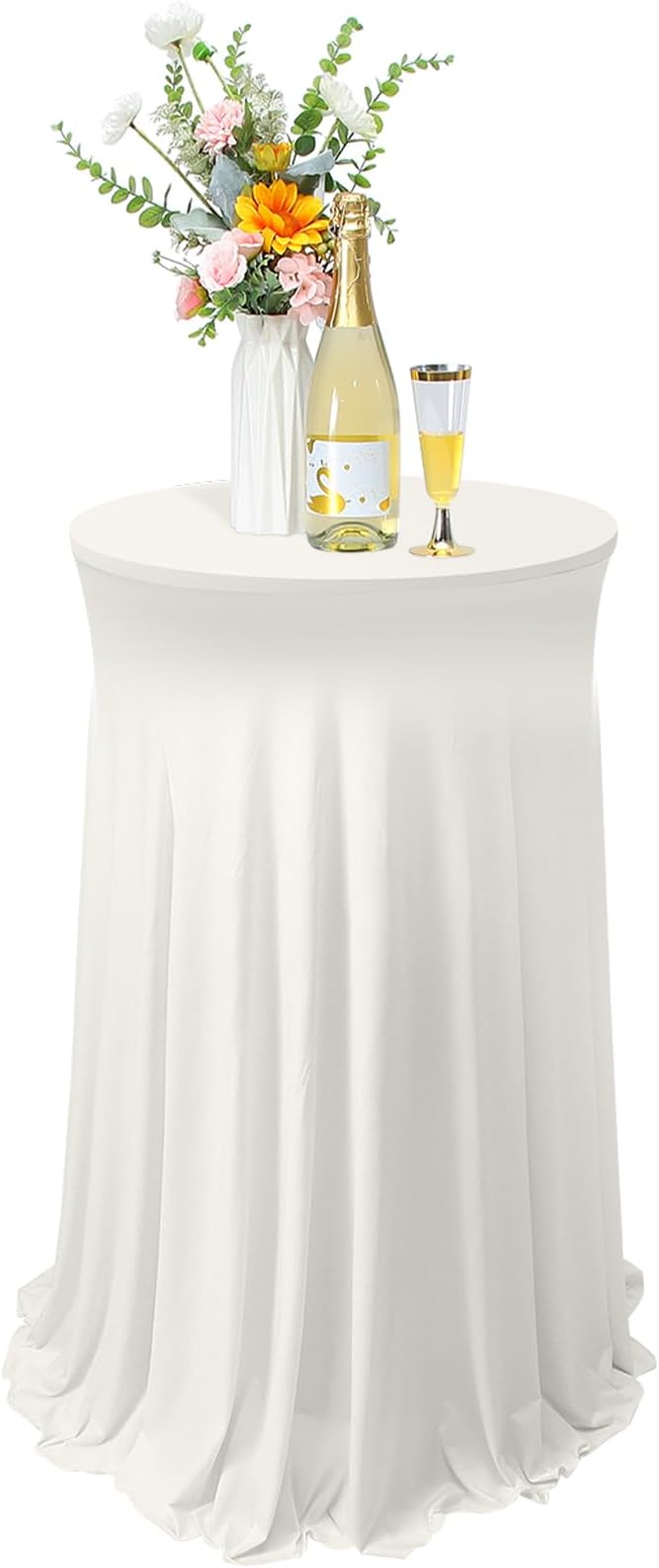Tegeme 1 Pack Spandex Cocktail Table Cover Fitted with Skirt, Ivory | 32x43 Inch High Top Tables, Stretch Tablecloth for Weddings Parties Banquets, Fitted Covers Wrinkle Resistant Elegant Design by Tegeme