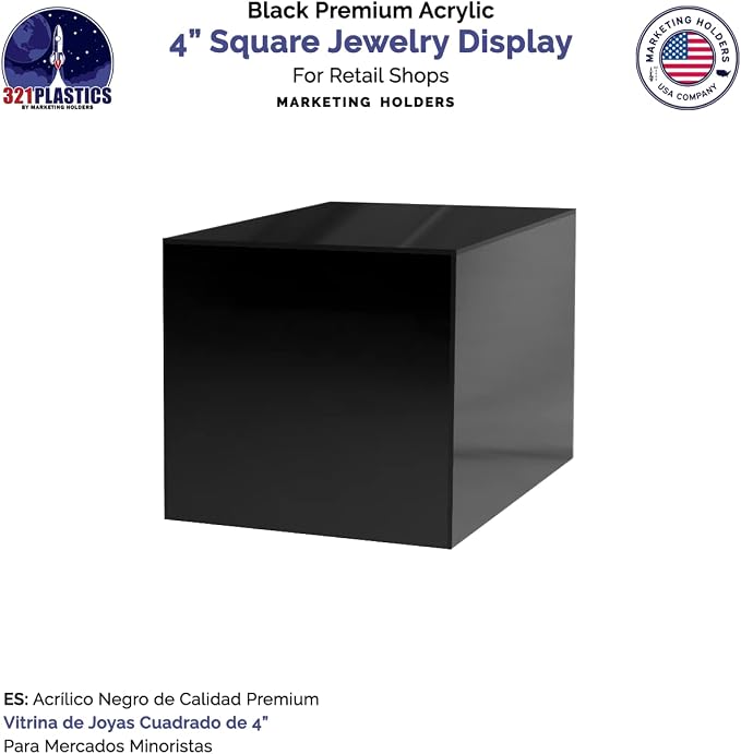 4 Inch Acrylic Display Riser Box with One Open Side Versatile Glossy Black Square No Assembly Lucite Retail Product Platform or Merchandise Storage Bin by Marketing Holders - Image 6