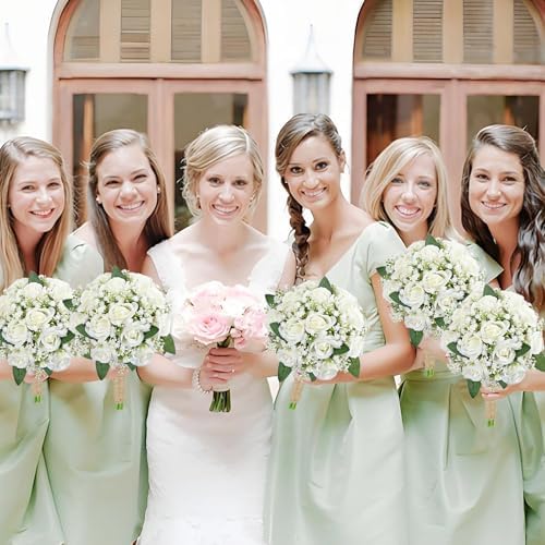 Artificial Bridesmaid Bouquets Set of 6 for Wedding - 7 inch White Flowers Bouquets for Bridesmaids, Faux Rose Gypsophila Rustic Small Floral Bouquet Fake Boho Wedding Party Ceremony Anniversary Decor - Image 5